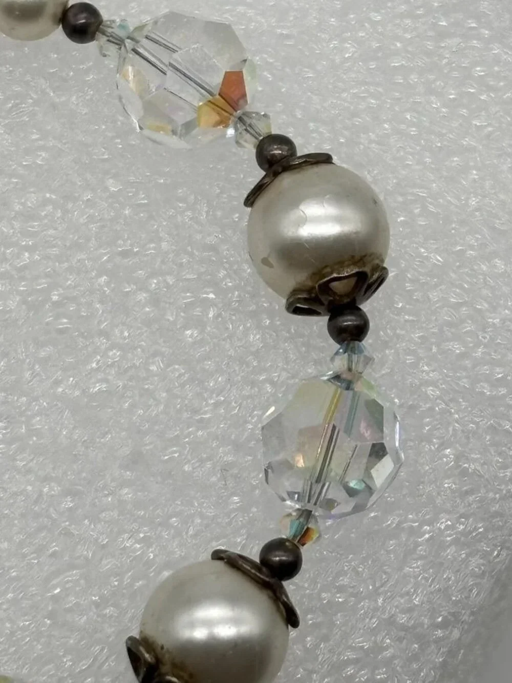 Artisan Made Bracelet With Faceted AB Crystals Faux Pearls Sterling Toggle Clasp